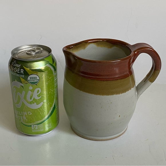 Vintage Brown and Tan Stoneware Crock Farmhouse Creamer Signed 6” Syrup Pitcher - Picture 8 of 16